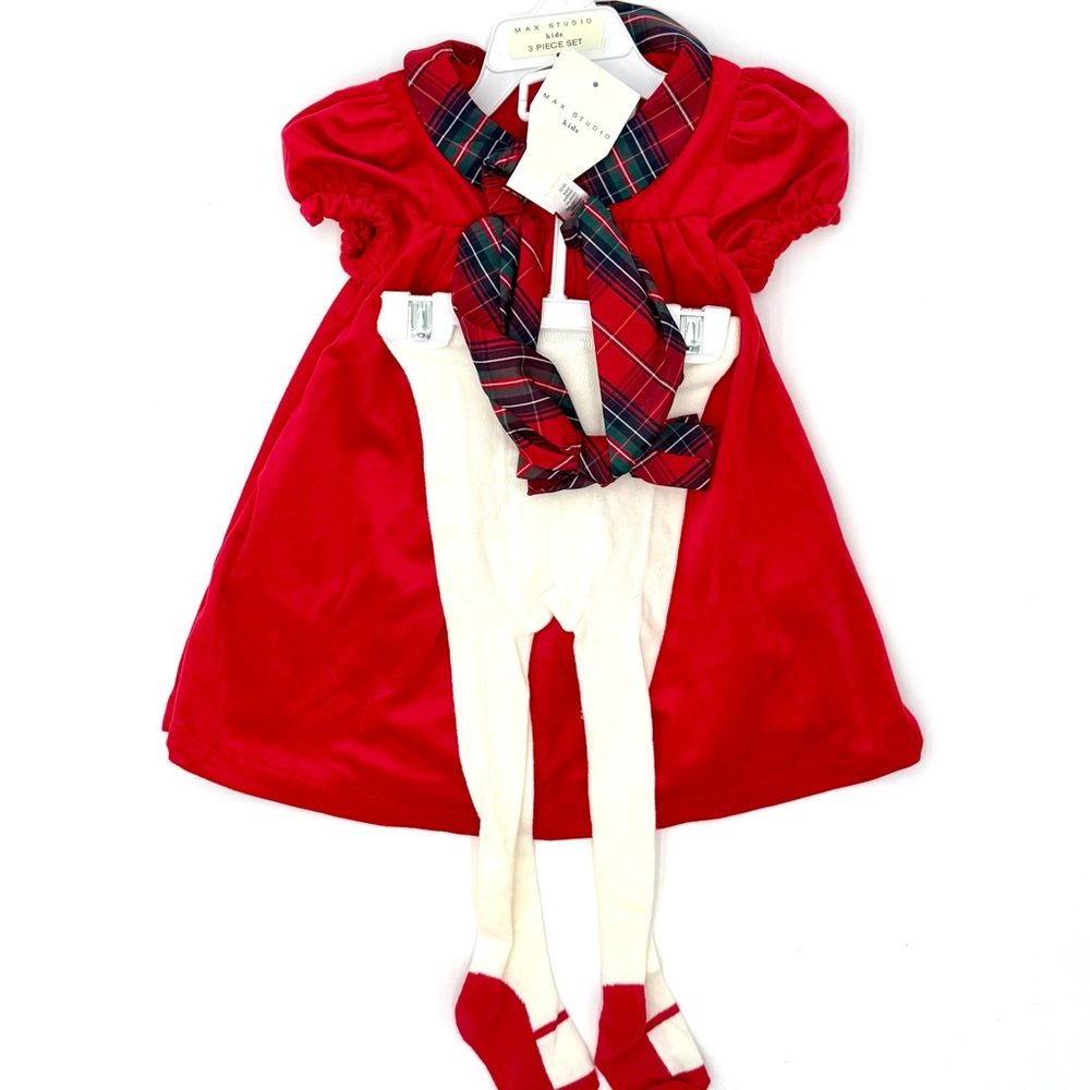 Max Studio Kids 3-Pc Red Velvety Holiday Dress/Tights/Headband Outfit NWT - Picture 8 of 9